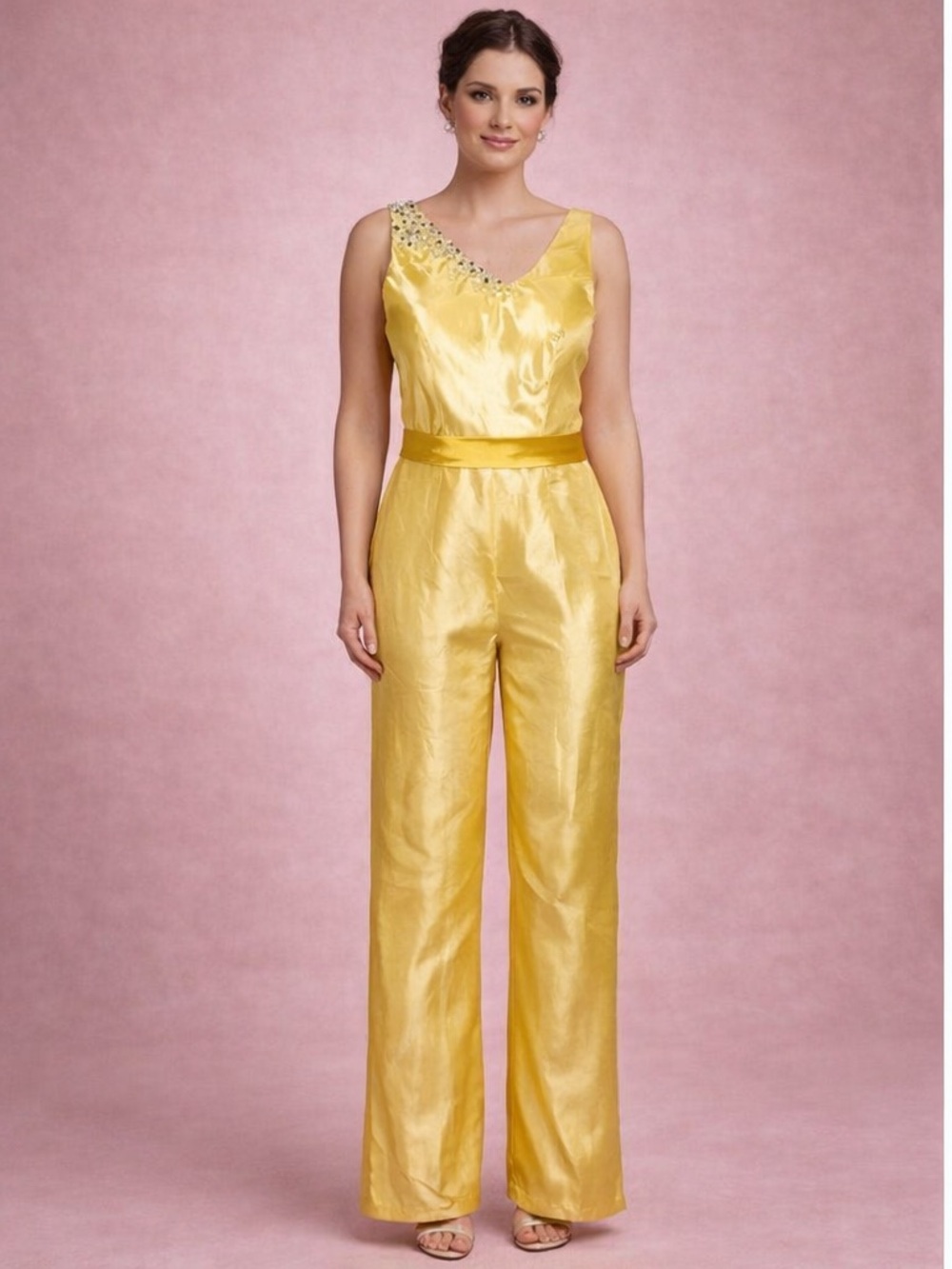 Yellow Satin Wide-Leg Jumpsuit with Embellished One-Shoulder